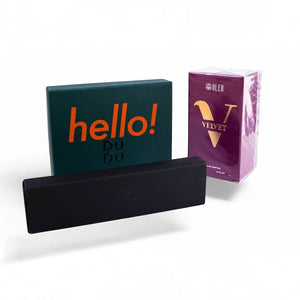 SUL EXTRAS Velvet Trio bundle featuring a Dudu card holder, Velvet perfume, and a Titan steel pen in a gift set.