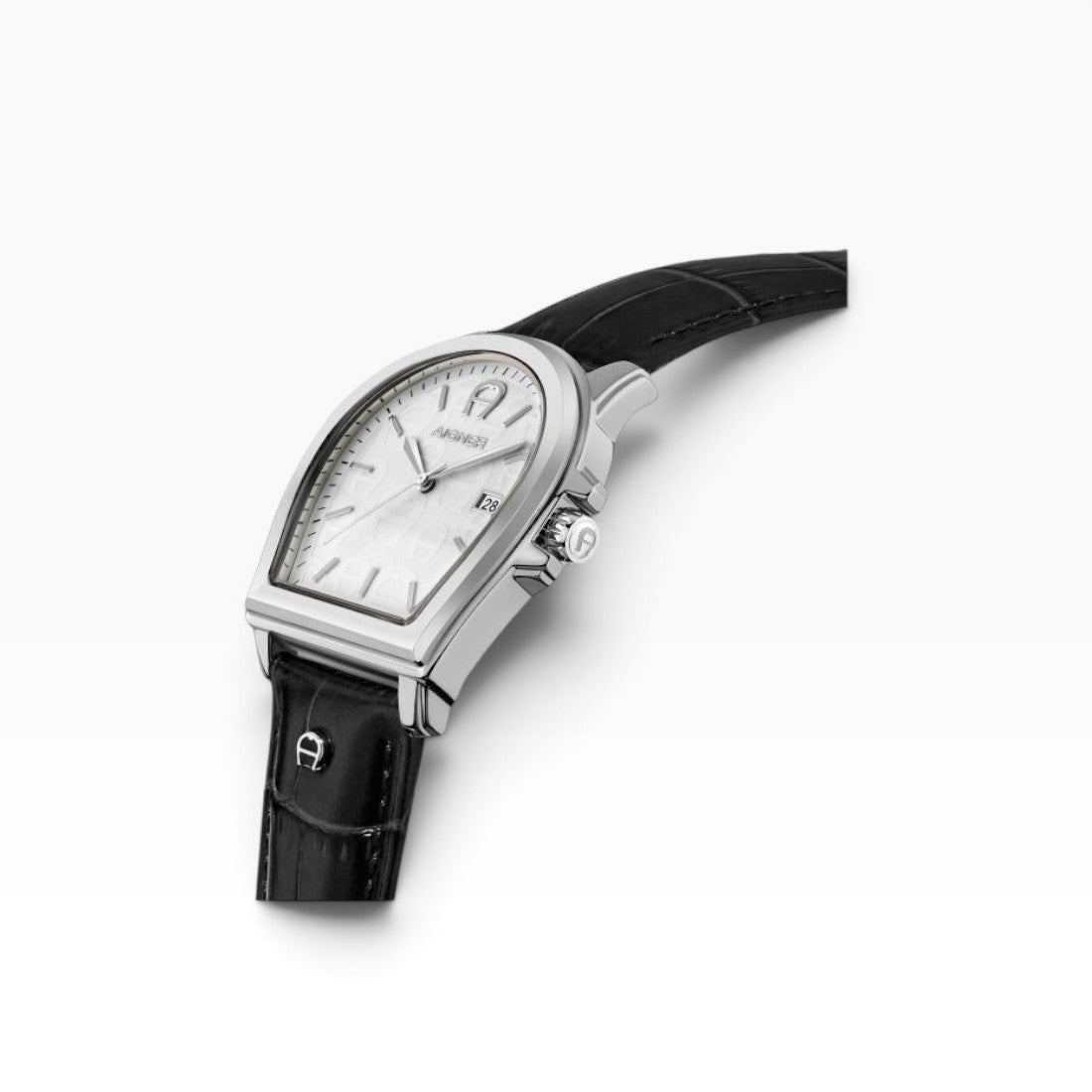 Aigner Verona | White Logo-Print Silver Watch with Black Leather Strap — 37×44mm