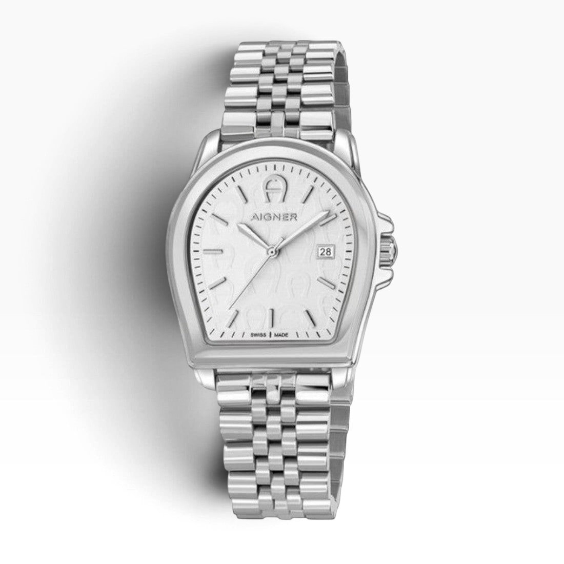 SUL EXTRAS Aigner Verona Swiss-made silver stainless steel watch with a textured white dial and horseshoe logo detail.