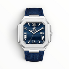 SUL EXTRAS Beverly Hills Polo Club men's watch with octagonal silver case, navy blue ribbed dial, and canvas strap.