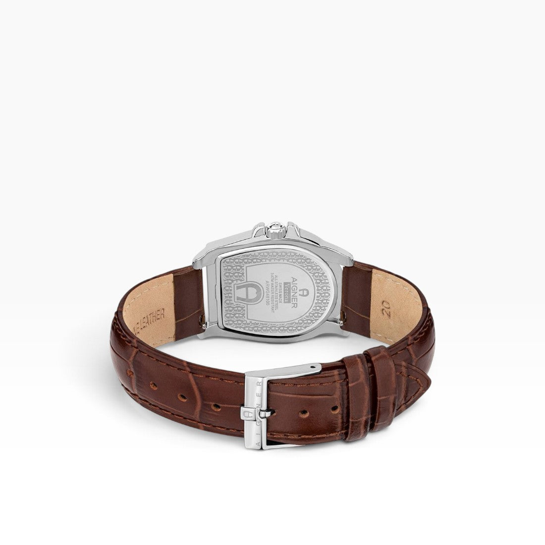 Aigner Verona | Navy Blue Logo-Print Silver Watch with Brown Leather Strap — 37×44mm