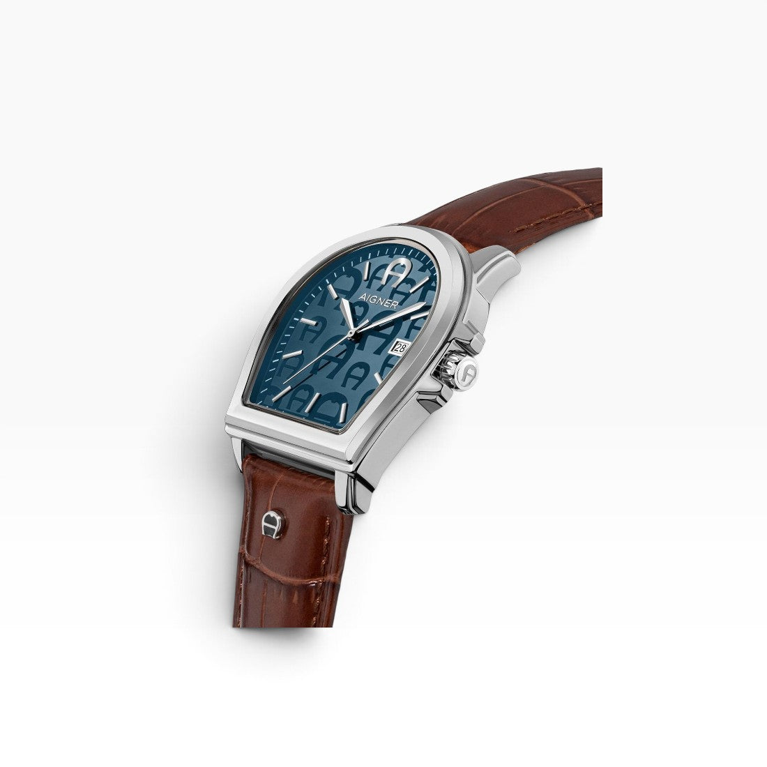 Aigner Verona | Navy Blue Logo-Print Silver Watch with Brown Leather Strap — 37×44mm