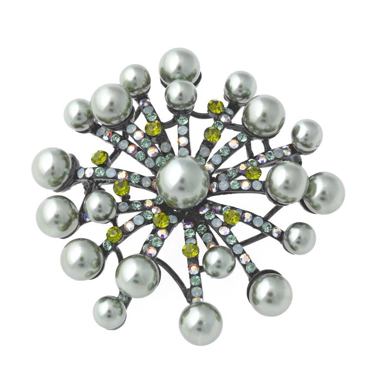 BROOCH HIGH METAL PLATED RHUTENIUM FLOWER CRYSTAL
