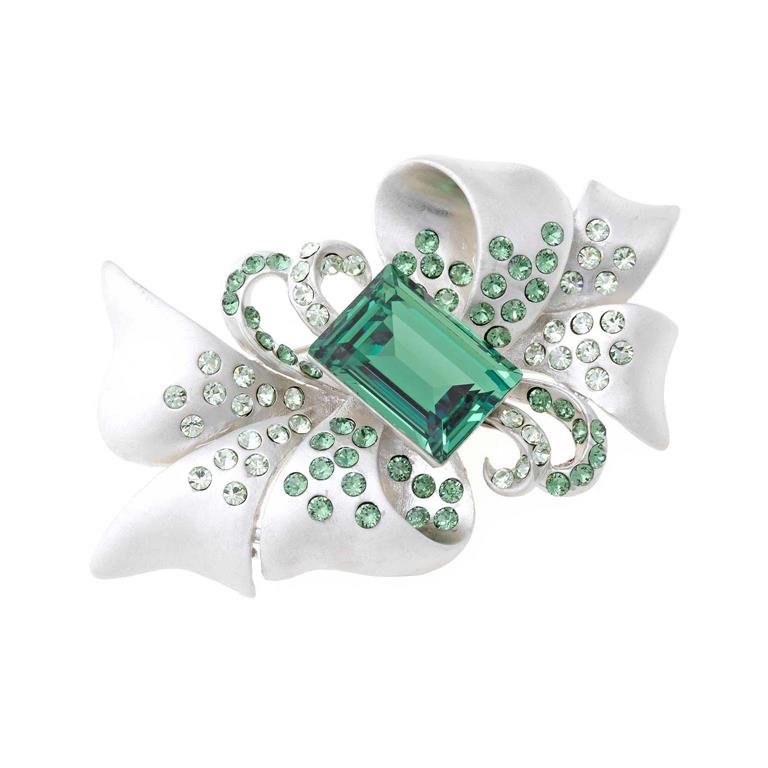 BROOCH HIGH METAL PLATED RHODIUM BOW CRYSTAL