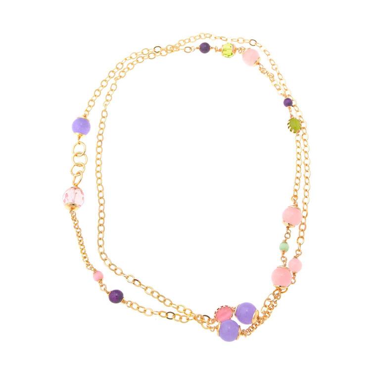 NECKLACE SILVER 925 PLATED GOLD BEAD CRYSTAL MULTICOLOR