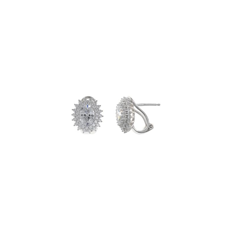 EARRINGS SILVER RHODIUM OVAL CZ WHITE BRILLANT
