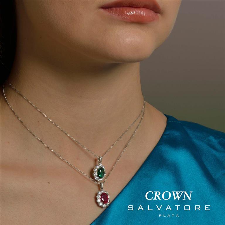 NECKLACE SILVER 925 RHODIUM OVAL RUBY AROUND