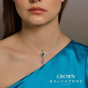 NECKLACE SILVER 925 RHODIUM OVAL RUBY AROUND