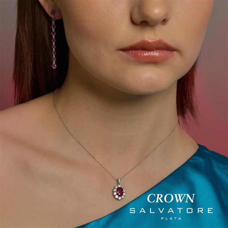 NECKLACE SILVER 925 RHODIUM OVAL RUBY AROUND