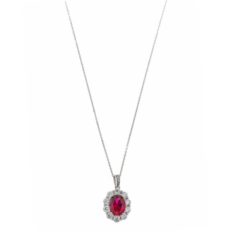 NECKLACE SILVER 925 RHODIUM OVAL RUBY AROUND