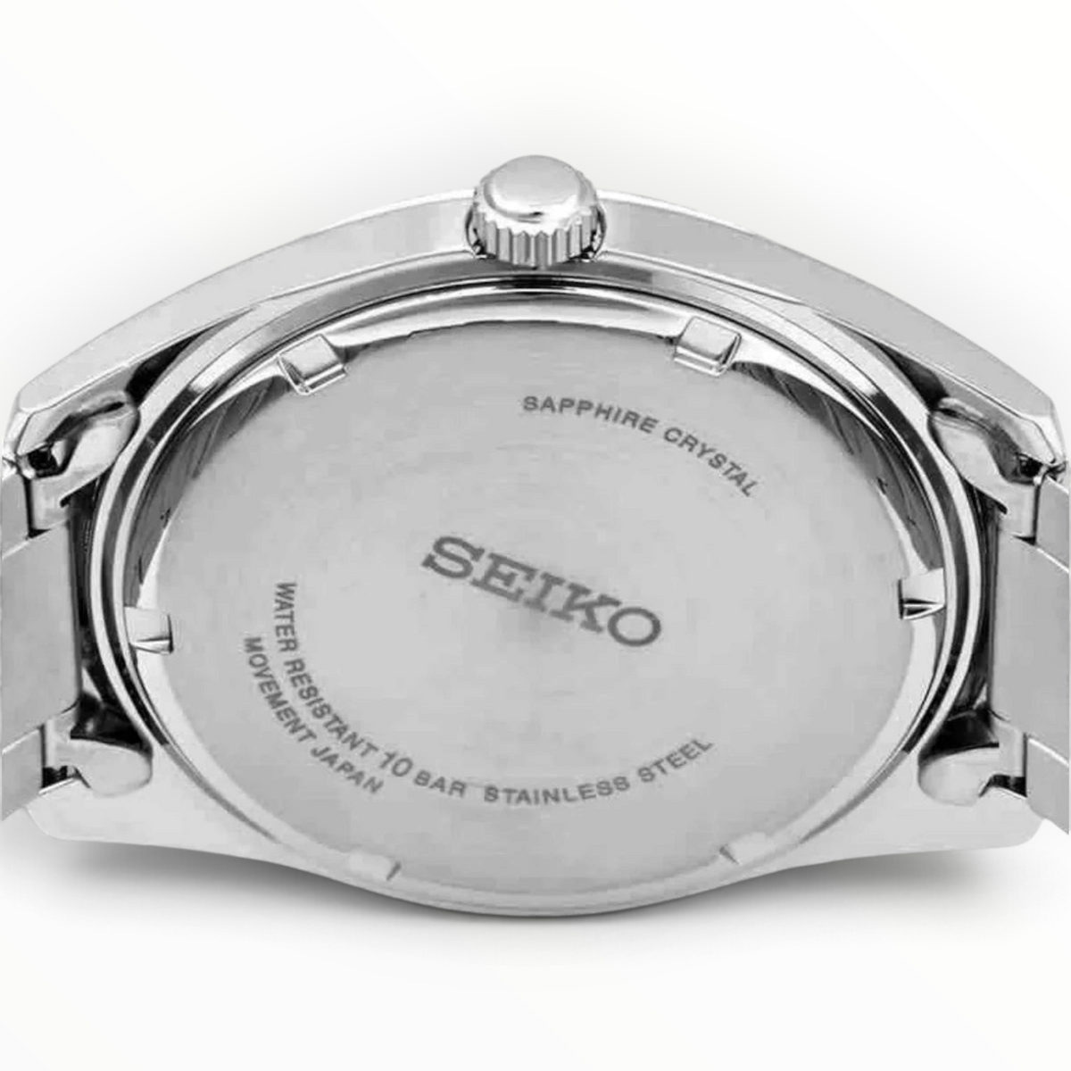 SUL EXTRAS Seiko Essentials Classic watch showing the stainless steel case back with sapphire crystal engraving