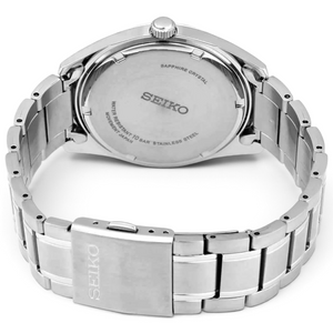 SUL EXTRAS Seiko Essentials Classic watch showing the stainless steel case back, bracelet, and push-button clasp.