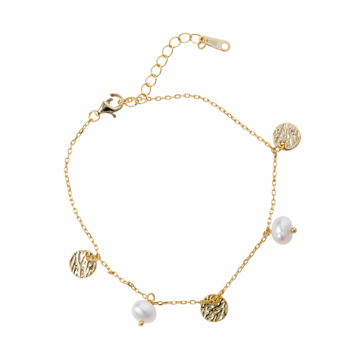 BRACELET SILVER 925 PLATED GOLD PEARLS ROUND