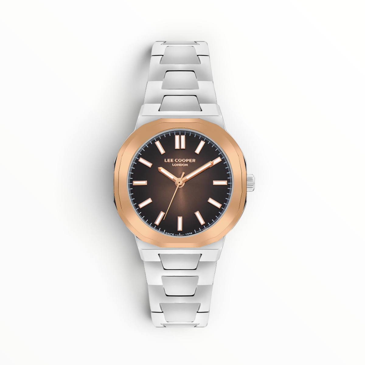 SUL EXTRAS Lee Cooper London women's watch with octagonal rose gold bezel, brown sunray dial, and silver link bracelet