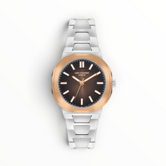 SUL EXTRAS Lee Cooper London women's watch with octagonal rose gold bezel, brown sunray dial, and silver link bracelet