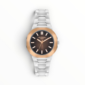 SUL EXTRAS Lee Cooper London women's watch with octagonal rose gold bezel, brown sunray dial, and silver link bracelet