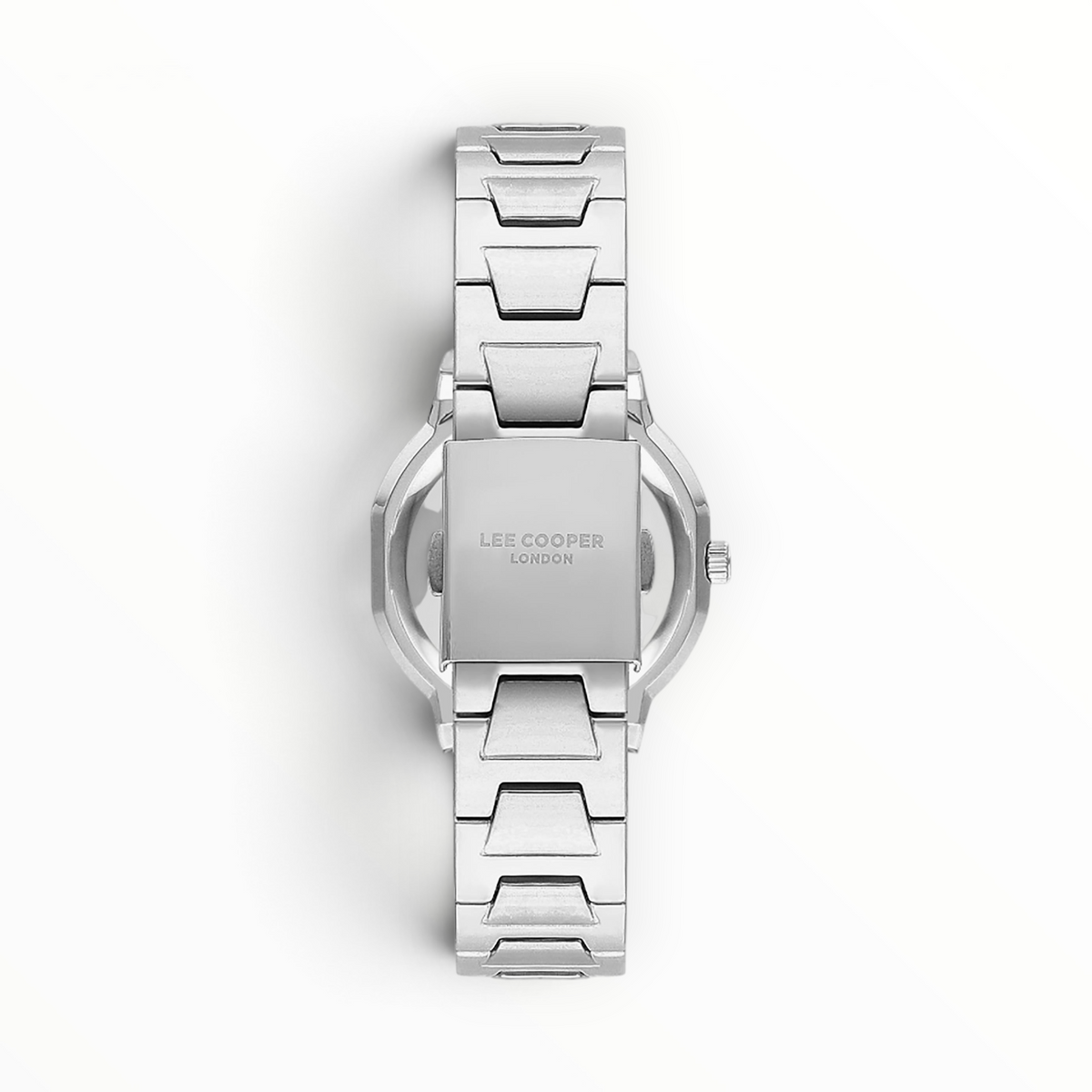 SUL EXTRAS Lee Cooper London women's watch showing the silver three-link bracelet and fold-over clasp from the back.