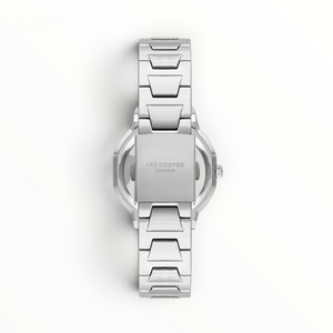 SUL EXTRAS Lee Cooper London women's watch showing the silver three-link bracelet and fold-over clasp from the back.