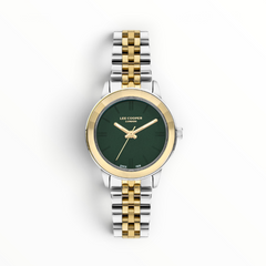 SUL EXTRAS Lee Cooper London women's watch with a deep green sunray dial, gold bezel, and two-tone silver gold bracelet.