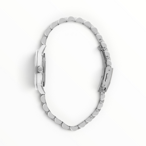 SUL EXTRAS Lee Cooper London women's watch with a two-tone silver and gold five-link bracelet, side profile view.