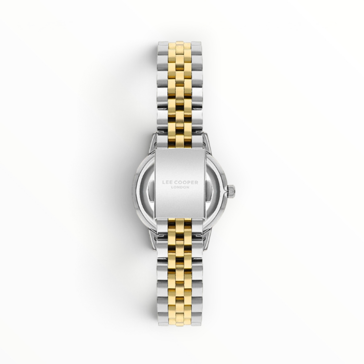 SUL EXTRAS Lee Cooper London women's watch showing the back of the silver and gold two-tone five-link bracelet