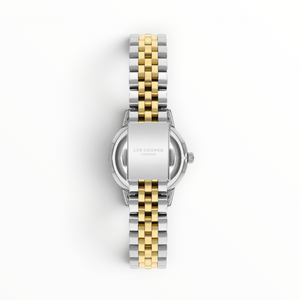 SUL EXTRAS Lee Cooper London women's watch showing the back of the silver and gold two-tone five-link bracelet