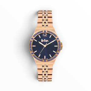 SUL EXTRAS Lee Cooper London women's watch with a blue dial, gold-tone bracelet, and blue crystal-encrusted bezel.