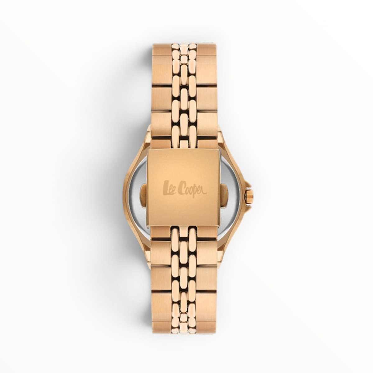 SUL EXTRAS Lee Cooper London women's watch showing the gold-tone stainless steel bracelet and engraved butterfly clasp