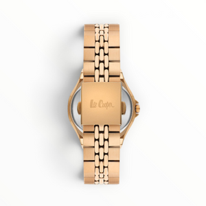 SUL EXTRAS Lee Cooper London women's watch showing the gold-tone stainless steel bracelet and engraved butterfly clasp