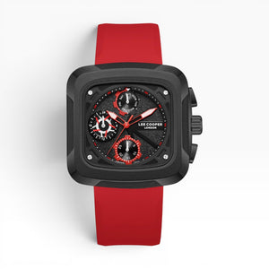 Lee Cooper London | Black Chronograph Square Case Red Silicone Watch — 40mm