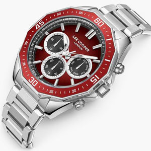 Lee Cooper London | Red Chronograph Octagonal Silver Watch — 45mm