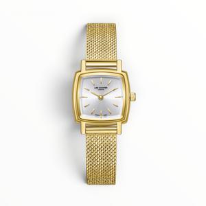 SUL EXTRAS Lee Cooper London petite cushion square women's watch with silver sunray dial and gold mesh bracelet.
