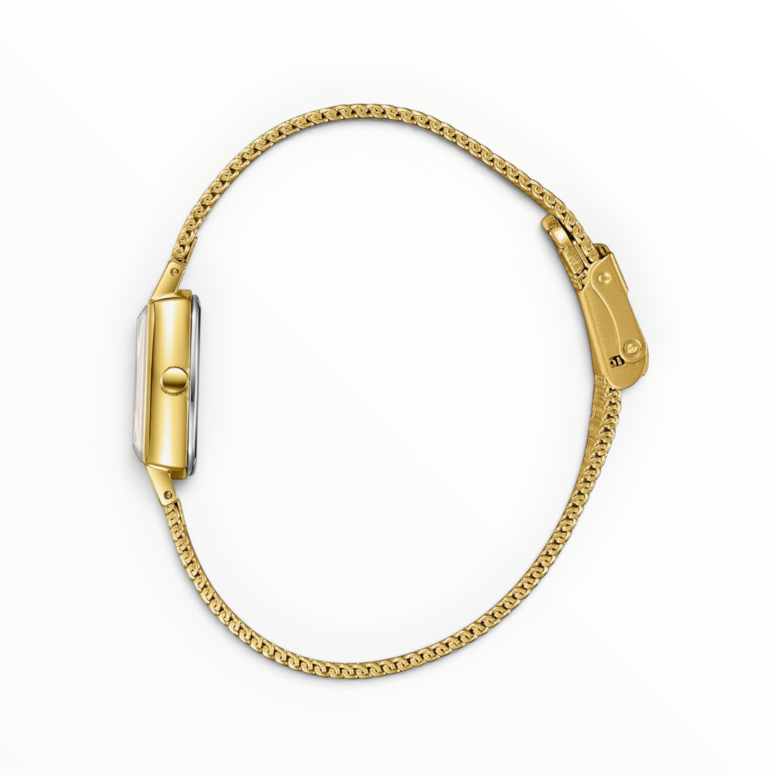 SUL EXTRAS Lee Cooper London petite square gold watch with a fine diagonal-weave mesh bracelet, side view.