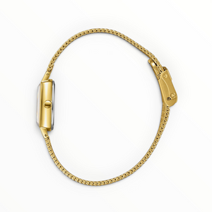 SUL EXTRAS Lee Cooper London petite square gold watch with a fine diagonal-weave mesh bracelet, side view.