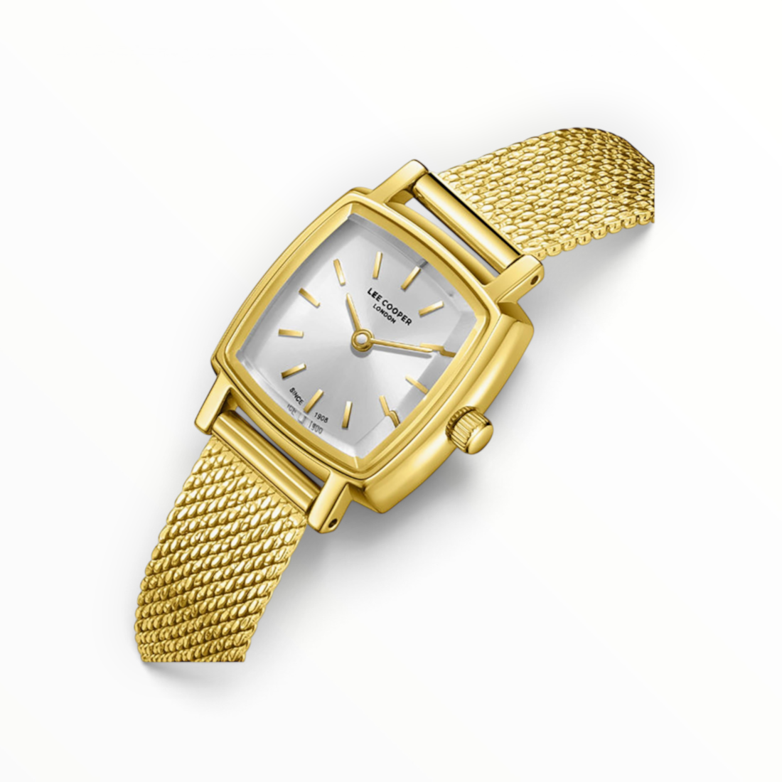 SUL EXTRAS Lee Cooper London petite cushion square women's watch with silver sunray dial and gold mesh bracelet.