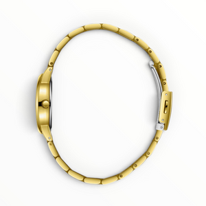 SUL EXTRAS Lee Cooper women's gold-tone metal watch with an oval case and jewellery clasp, side view.
