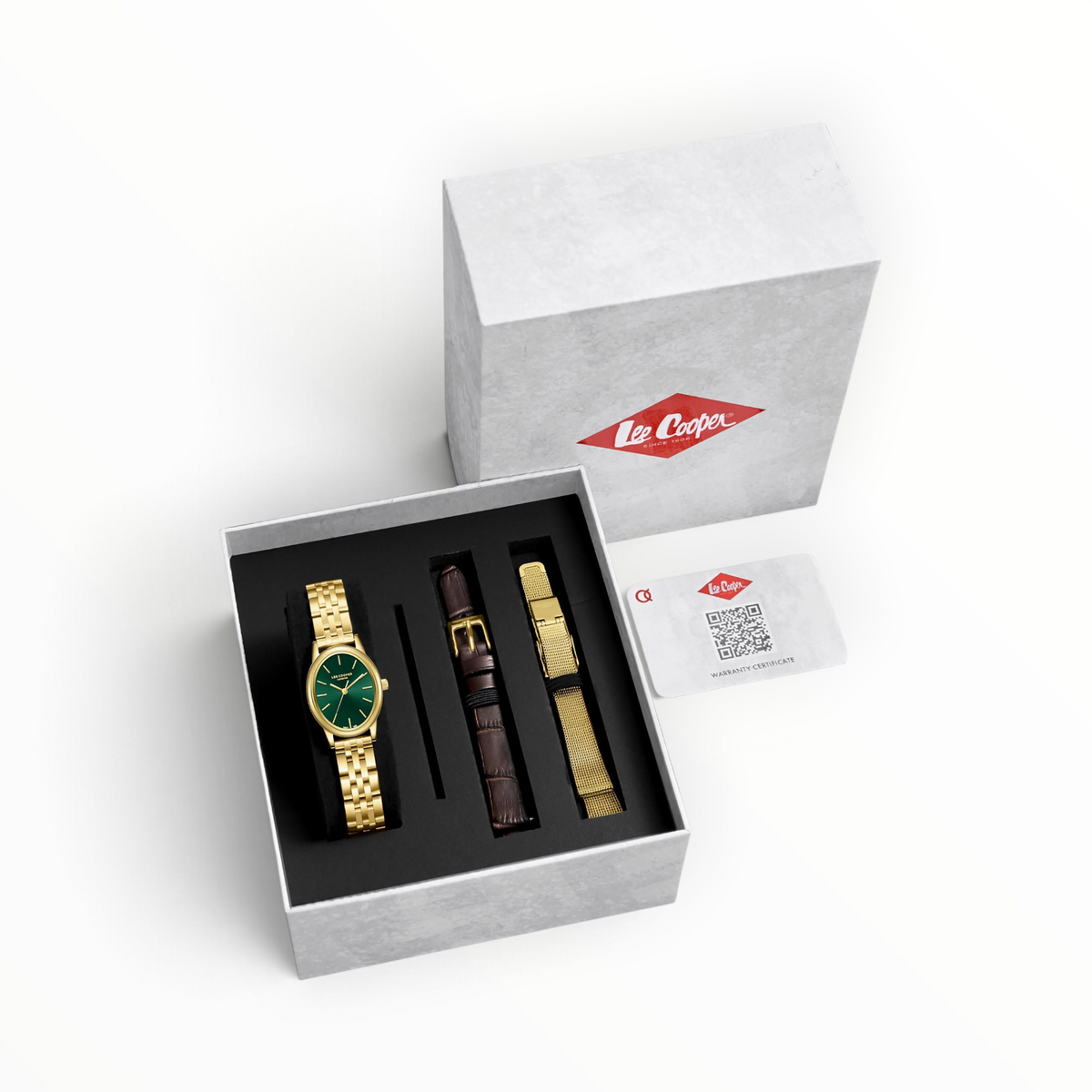 SUL EXTRAS Lee Cooper women's gold-tone oval watch with green dial, extra straps, and warranty card in a gift box.