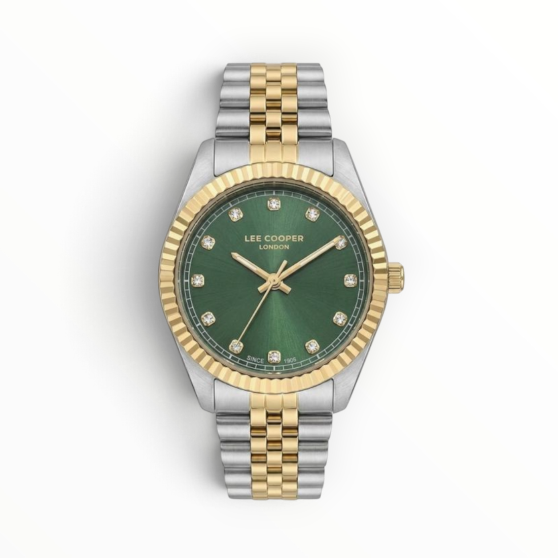 SUL EXTRAS Lee Cooper ladies watch with a green dial, crystal markers, and a two-tone gold and silver bracelet.