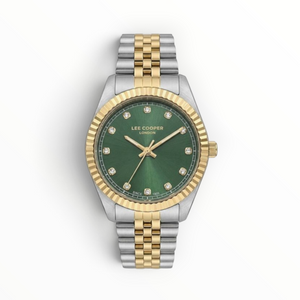 SUL EXTRAS Lee Cooper ladies watch with a green dial, crystal markers, and a two-tone gold and silver bracelet.
