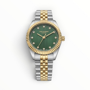 SUL EXTRAS Lee Cooper ladies watch with a green dial, crystal indices, and a two-tone gold and silver bracelet.