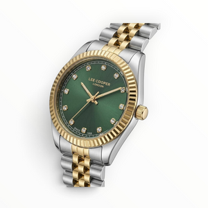SUL EXTRAS Lee Cooper ladies watch with a green dial, crystal markers, and a two-tone gold and silver steel bracelet.