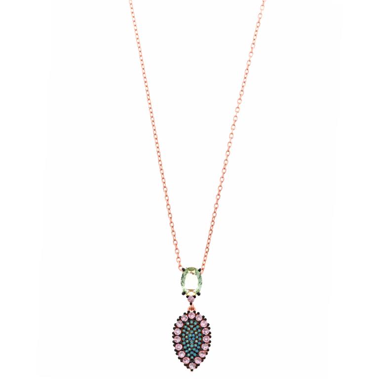 NECKLACE SILVER 925 PLATED PINK CRYSTAL GREEN