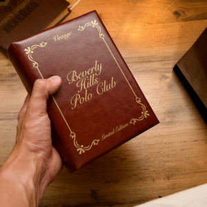 SUL EXTRAS Beverly Hills Polo Club vintage limited edition brown leather watch presentation box held in a hand