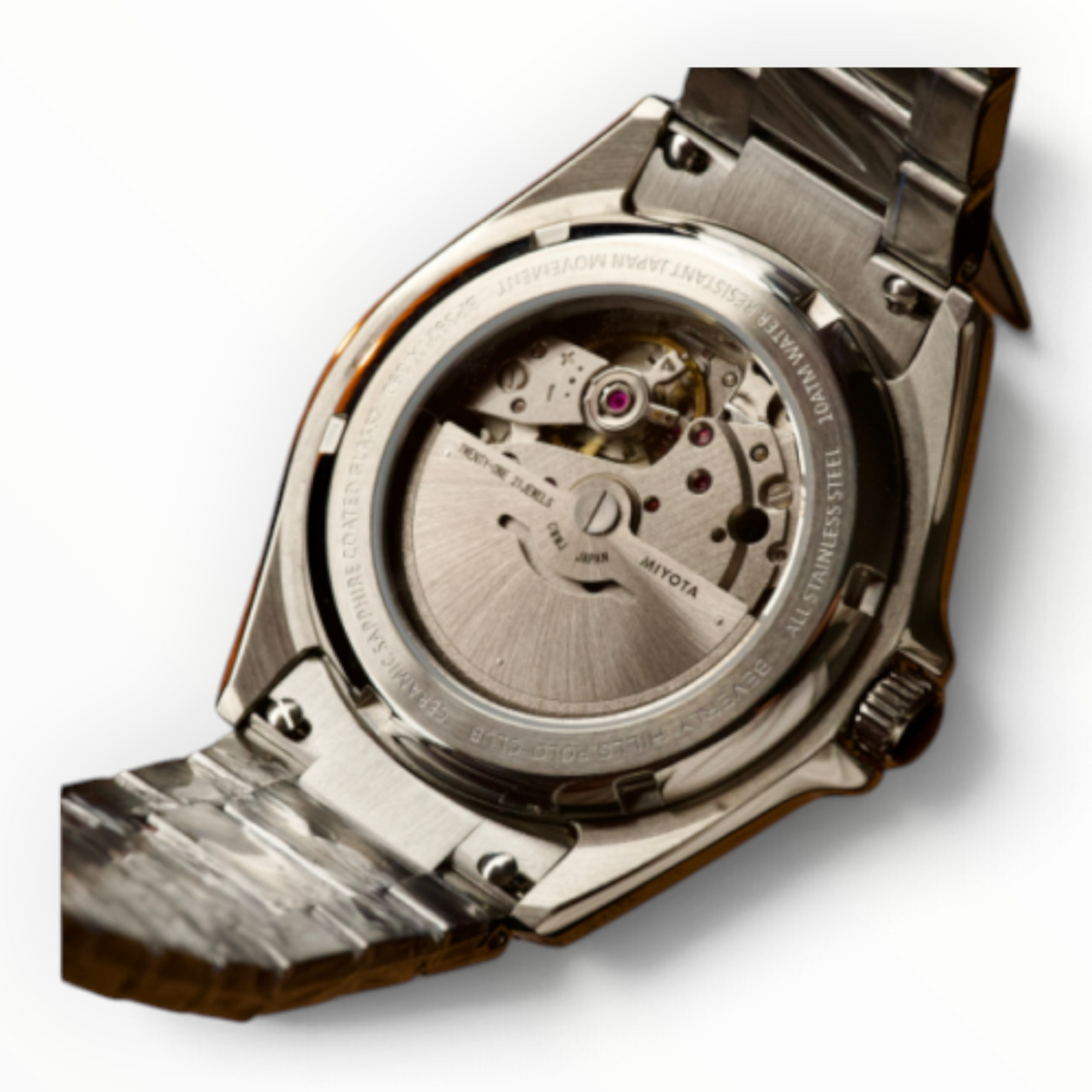 SUL EXTRAS Beverly Hills Polo Club men's watch showing the transparent stainless steel case back and automatic movement