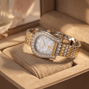 SUL EXTRAS Aigner Olbia women's watch with diamond-paved horseshoe case, mother-of-pearl dial, and two-tone bracelet.