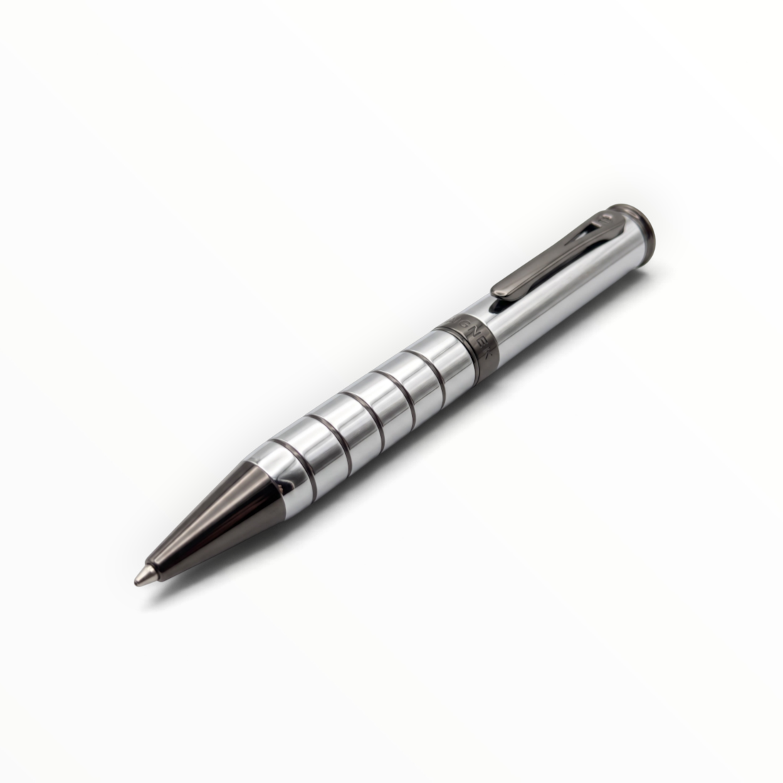 SUL EXTRAS Aigner Enzo ballpoint pen in polished silver and gunmetal stainless steel with a machined ring grip.