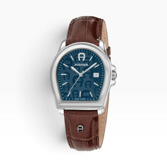Aigner Verona | Navy Blue Logo-Print Silver Watch with Brown Leather Strap — 37×44mm