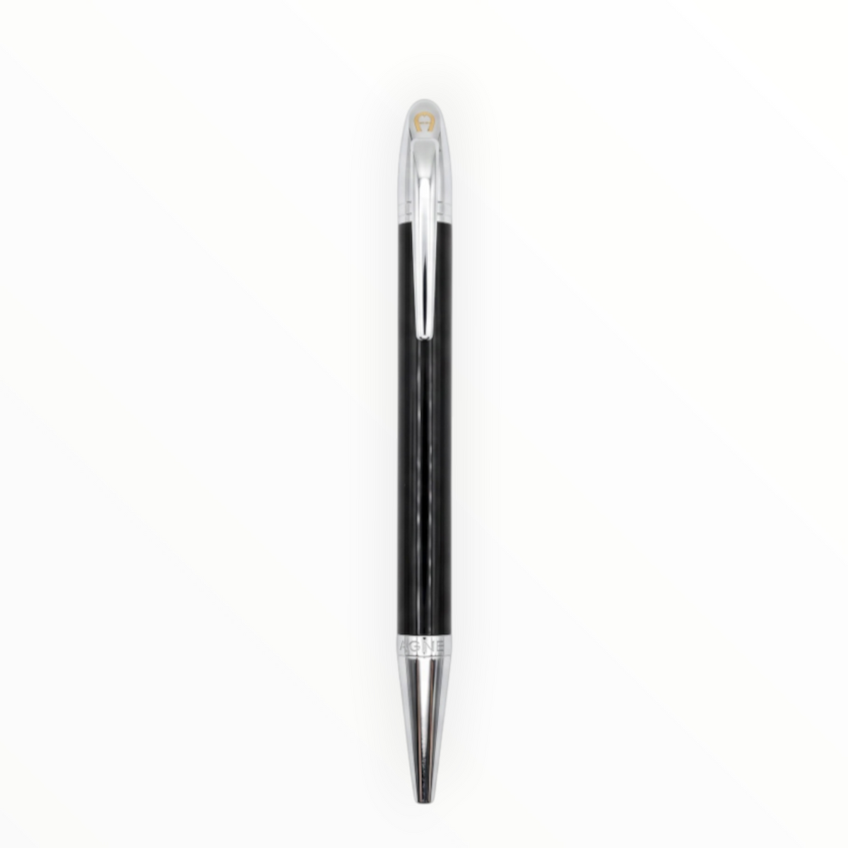 SUL EXTRAS Aigner executive ballpoint pen in gloss black lacquer with polished stainless steel trim and branding.
