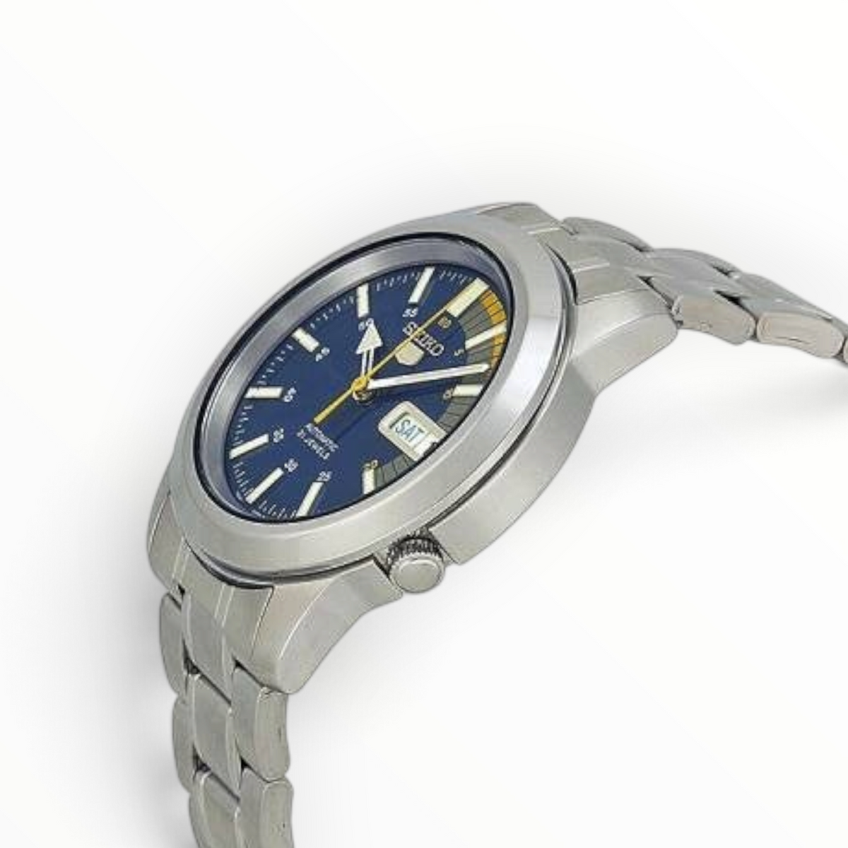 SUL EXTRAS Seiko 5 Speed Racer automatic watch with a blue dial, yellow accents, and silver-tone stainless steel band.