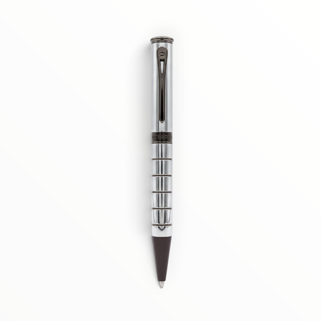 SUL EXTRAS Aigner Enzo ballpoint pen in polished silver and gunmetal stainless steel with a machined ring grip.